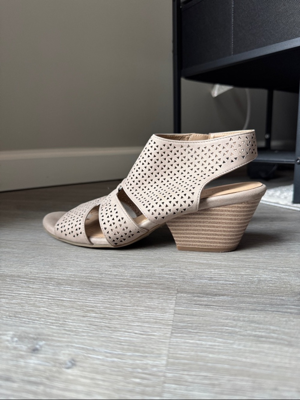 Women's Taupe Laser-Cut Block Heel Sandal
